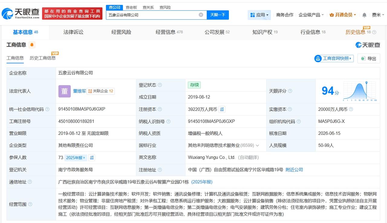 润建股份旗下五象云谷公司增资至3.9亿 增幅约96%

天眼查App显示，近日，