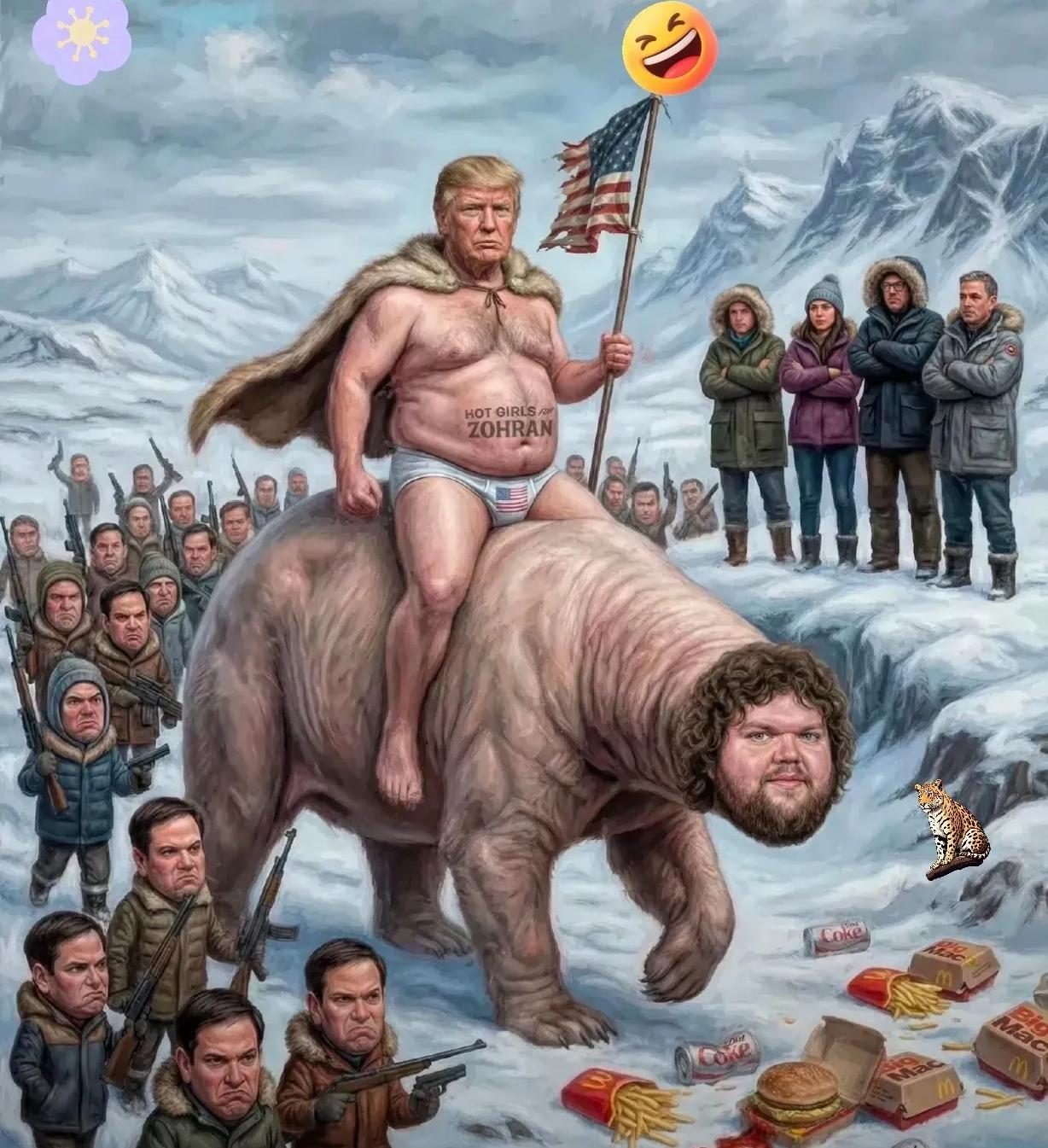 一张漫画，把外网给引爆了。
 
画风很“帝国”，
特朗普骑着高头大马，身后旌旗蔽