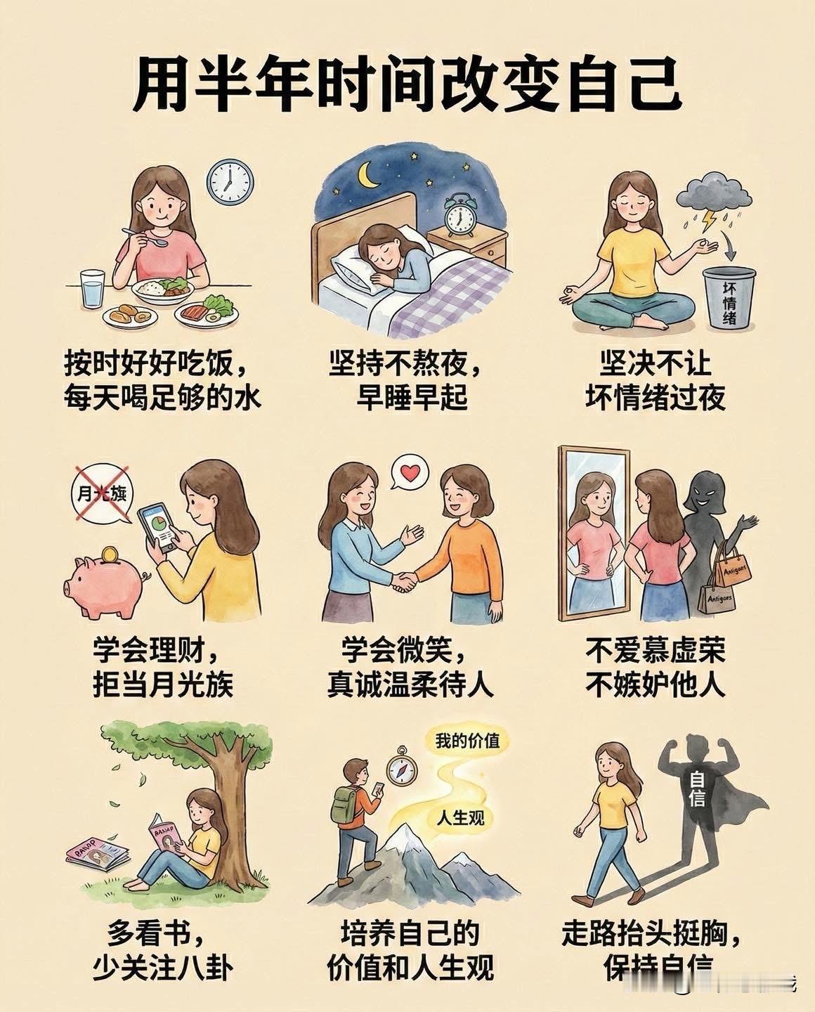 从现在开始让我们一起改变自己
花半年的时间让你面貌全新
1，按时好好吃饭，每天喝