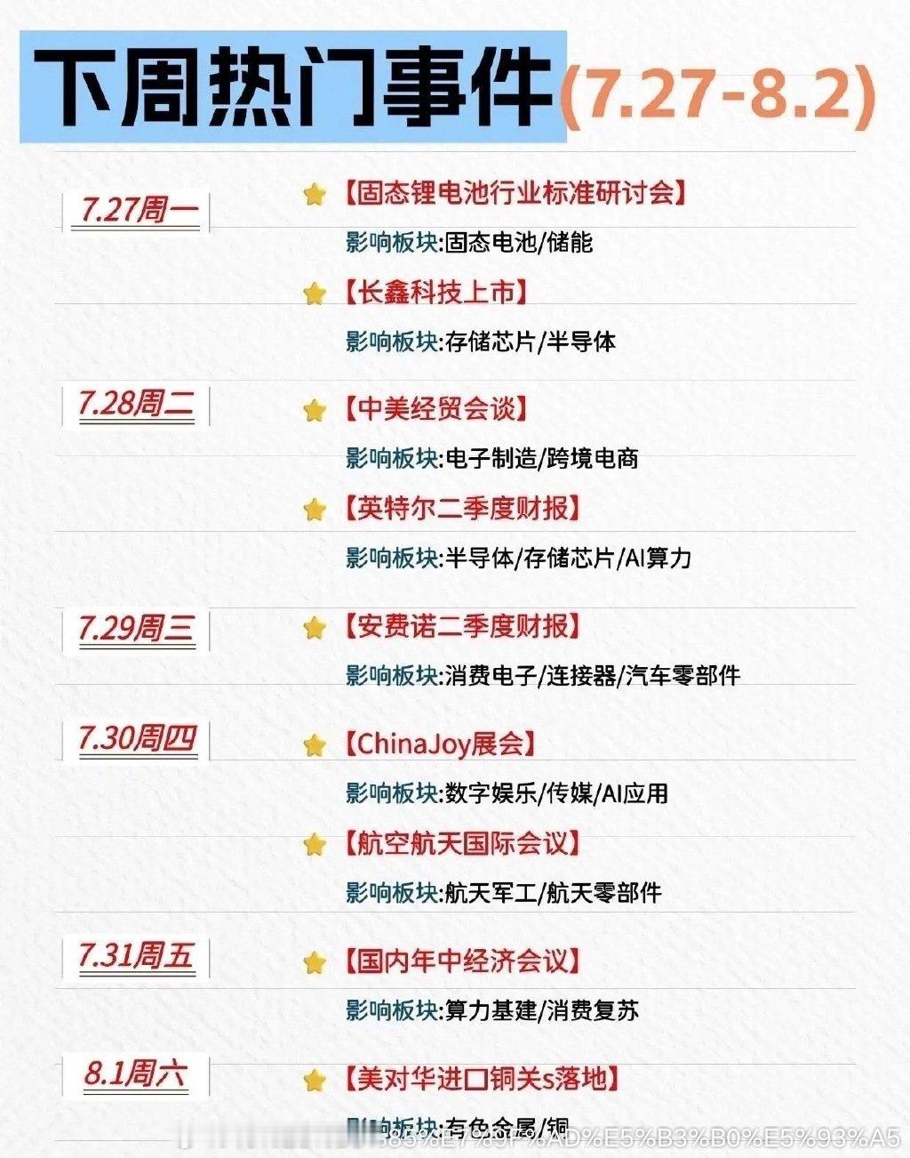 7.27-8.2下周全市场重点事件梳理，各大赛道催化一次性汇总下周产业会议、重磅