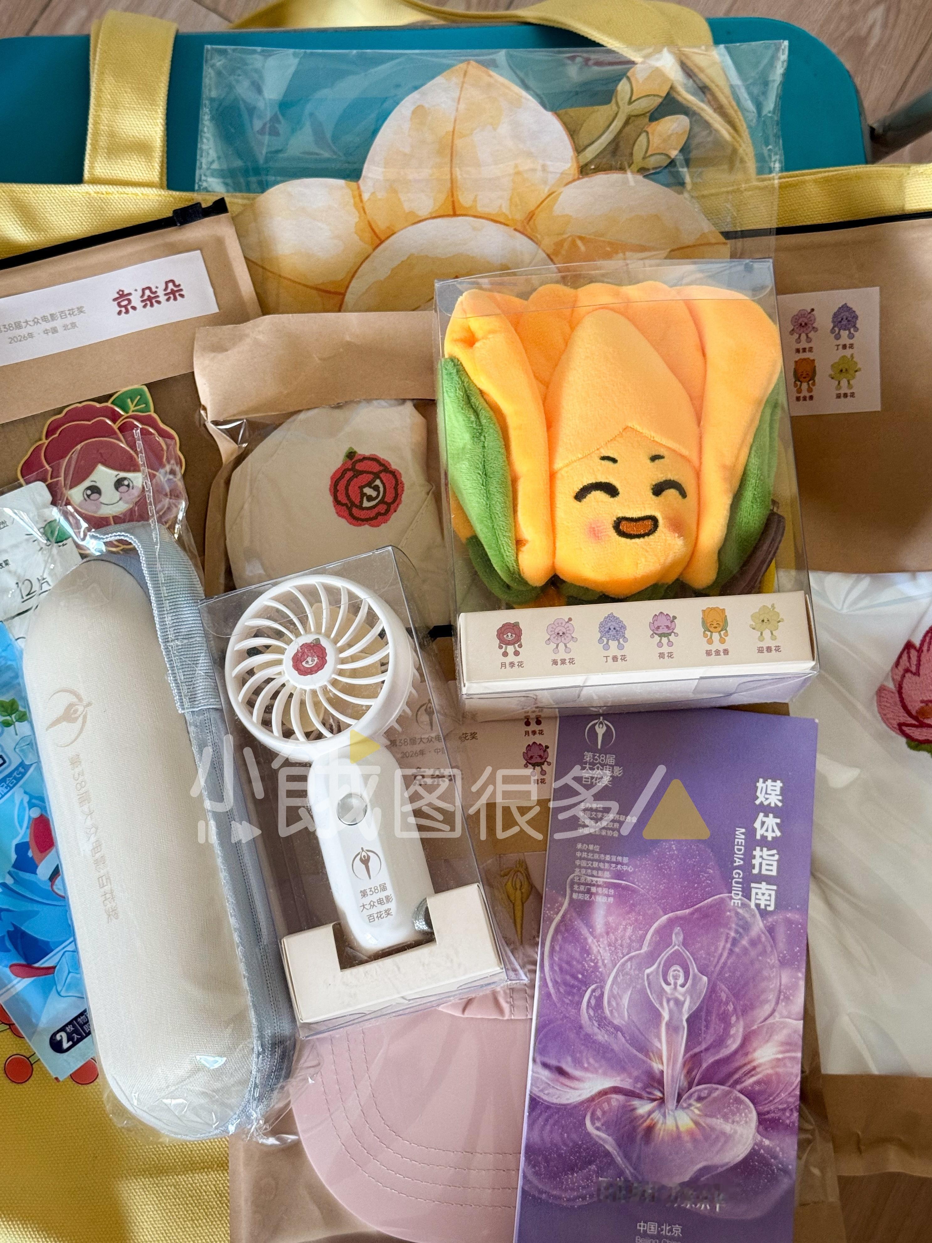 百花奖的媒体大礼包里面好多京朵朵周边，防暑降温
