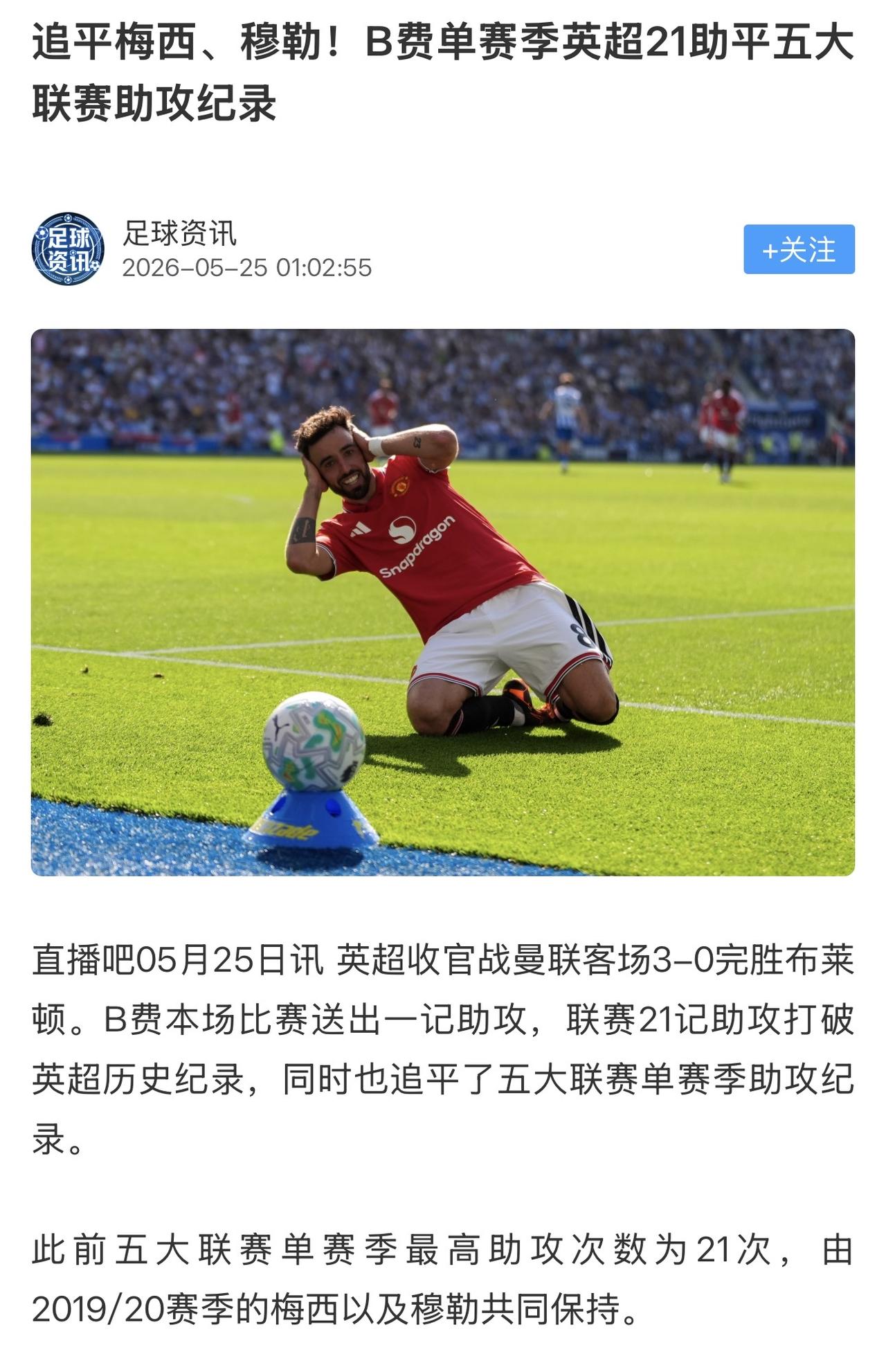 这个就是B费获得英超最佳球员的原因，单赛季助攻是五大联赛历史最佳。

只有梅西，