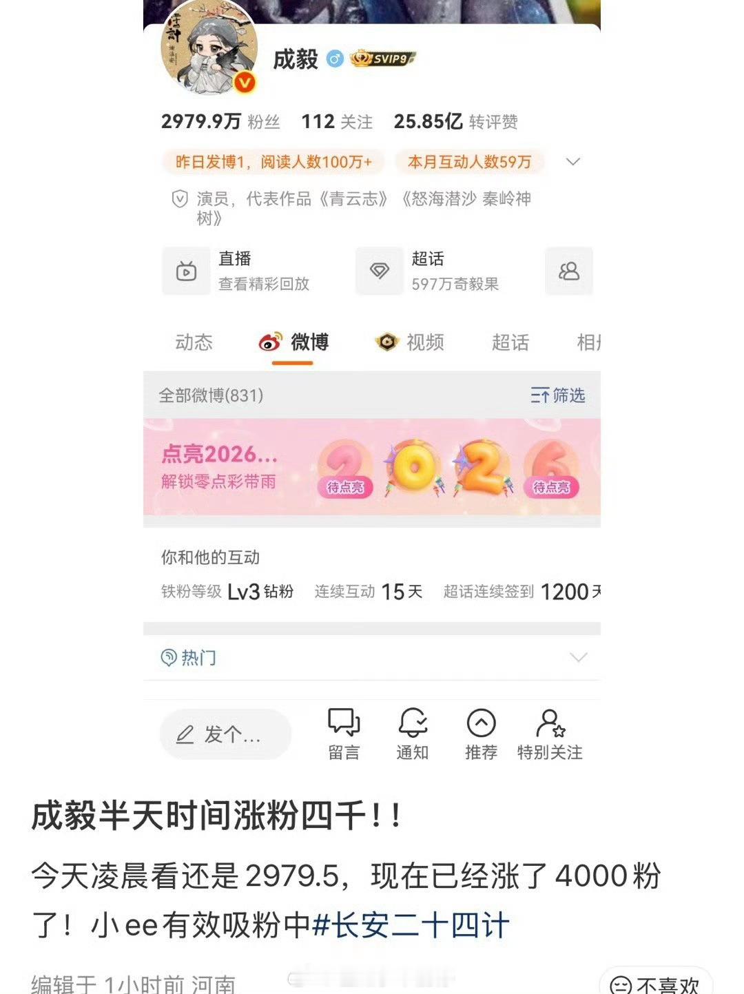 成毅今年涨了110w粉！持续播剧，有效吸粉中👍🏻 