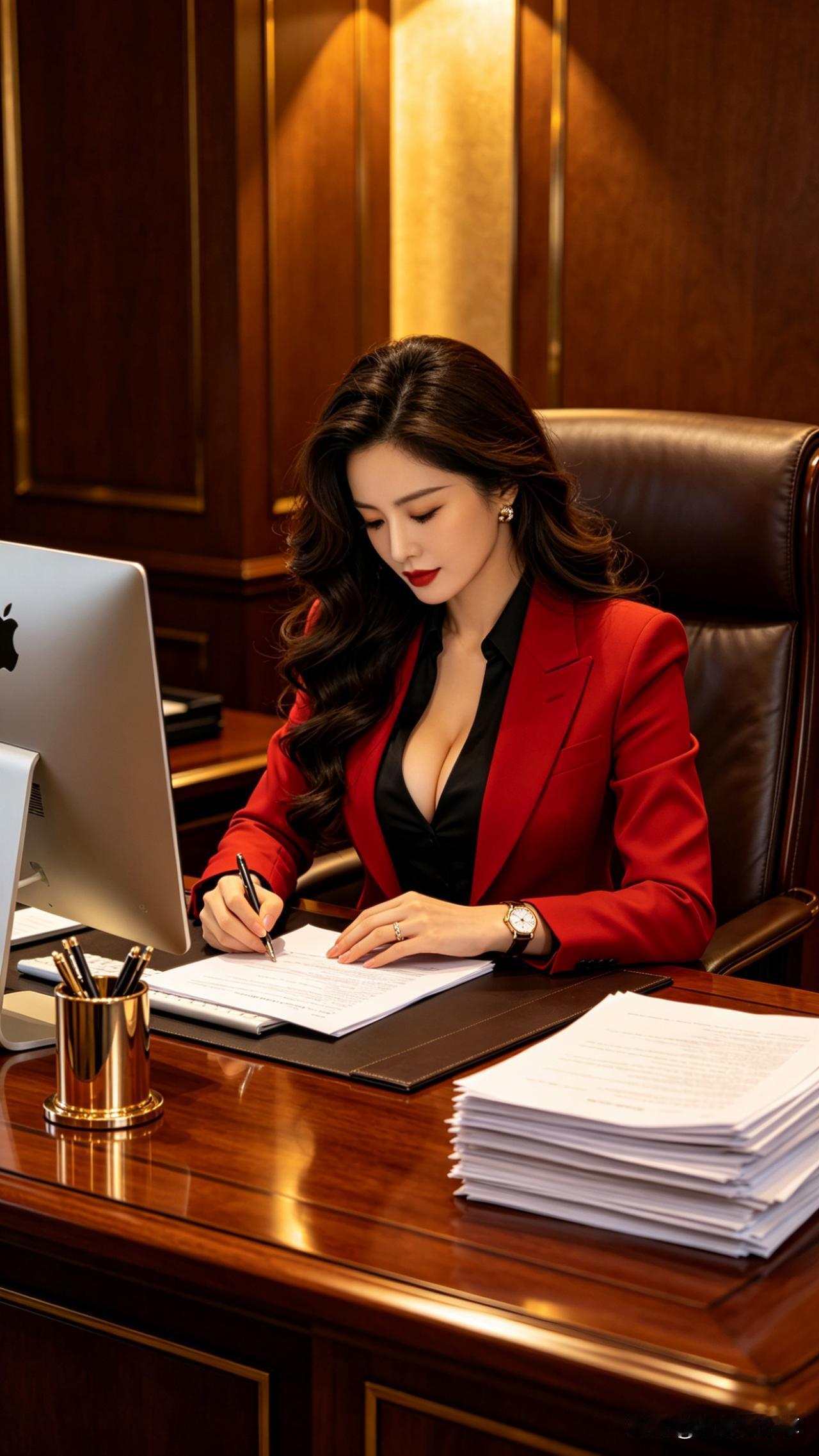 鹧鸪天·女杰

红袖添香案牍前，朱唇轻点墨痕鲜。
西装革履显英气，玉腕金表映婵娟