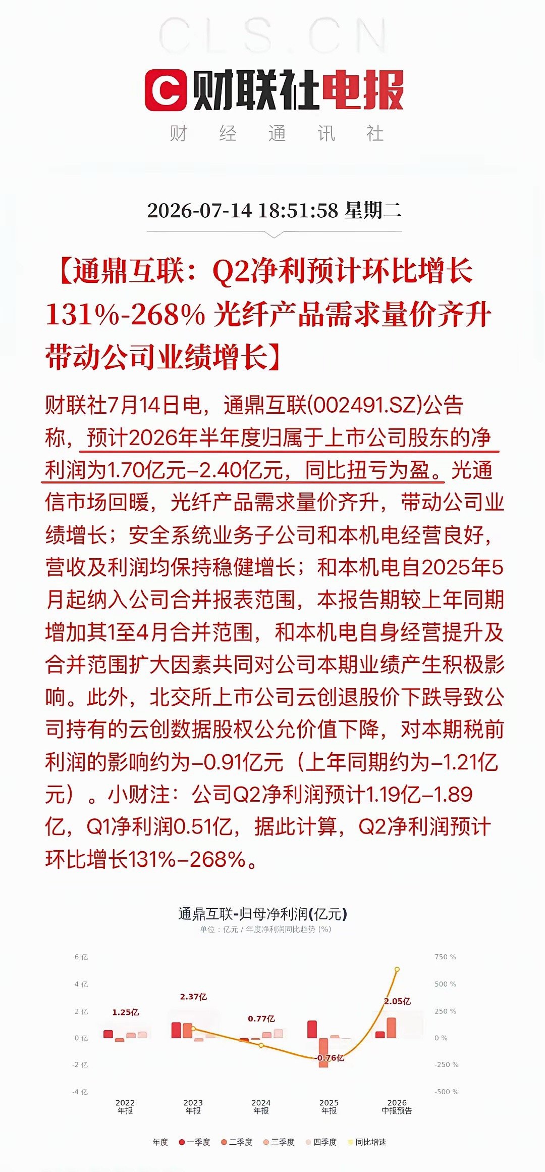 7月14日晚间，长电科技、通鼎互联、剑桥科技同步披露2026上半年业绩预告，三家