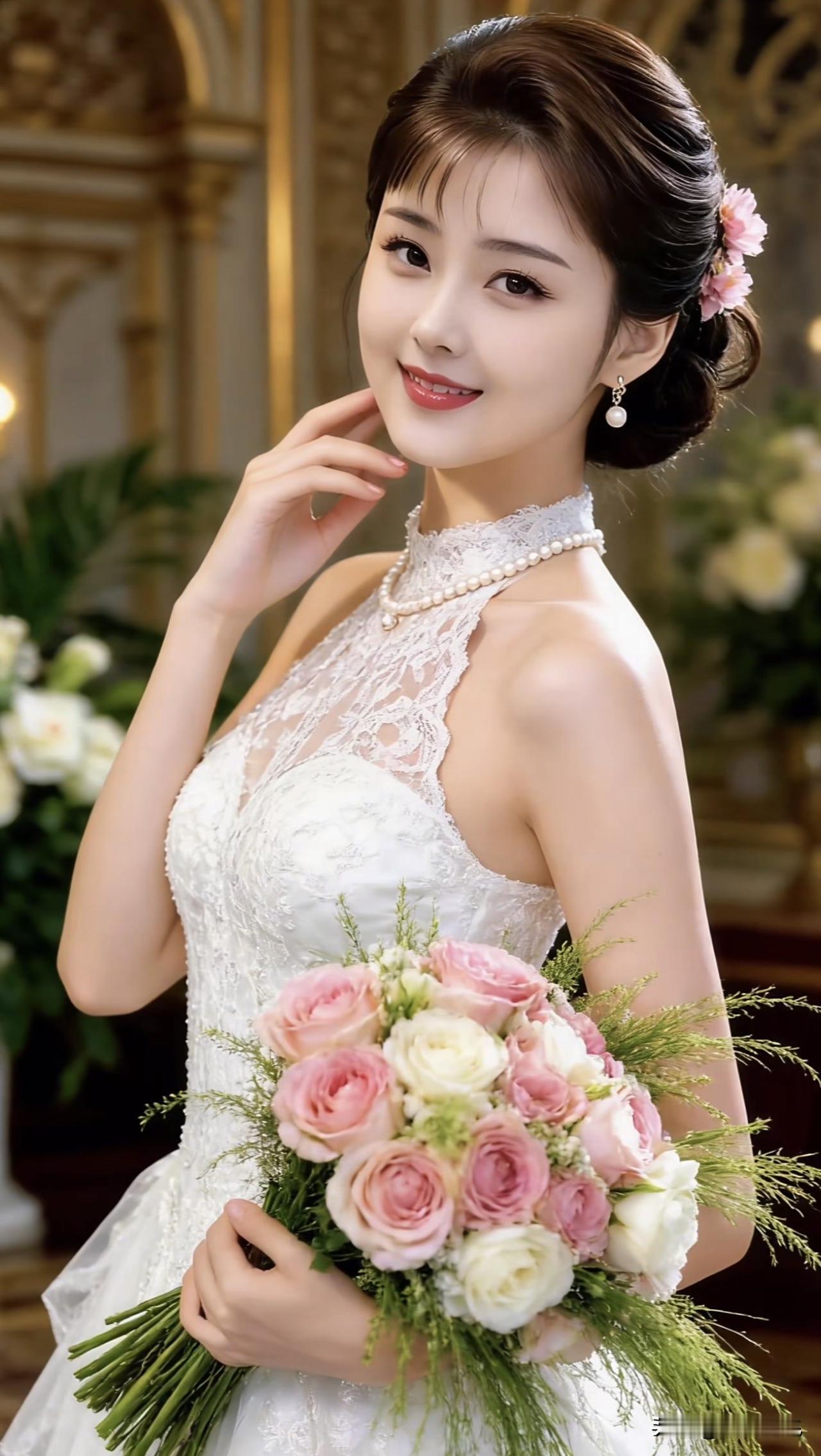 梦幻婚纱照，甜美笑容，粉色花束，幸福时刻甜美婚纱写真 花海婚纱写真 花卉婚纱照 