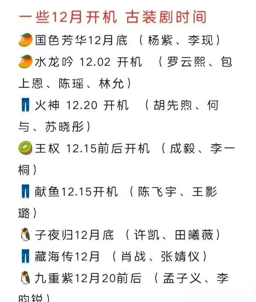 一些12月开机的电视剧，《国色芳华》12月底 《水龙吟》 12.02 开机  《