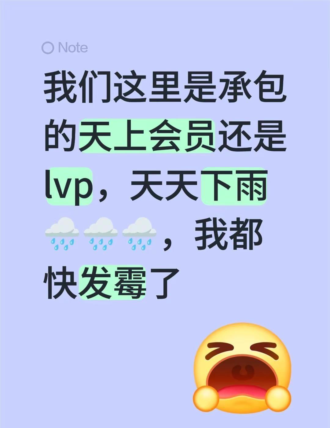 我们这里是承包的天上会员还是lvp，天天下雨🌧🌧🌧，我都快发霉了