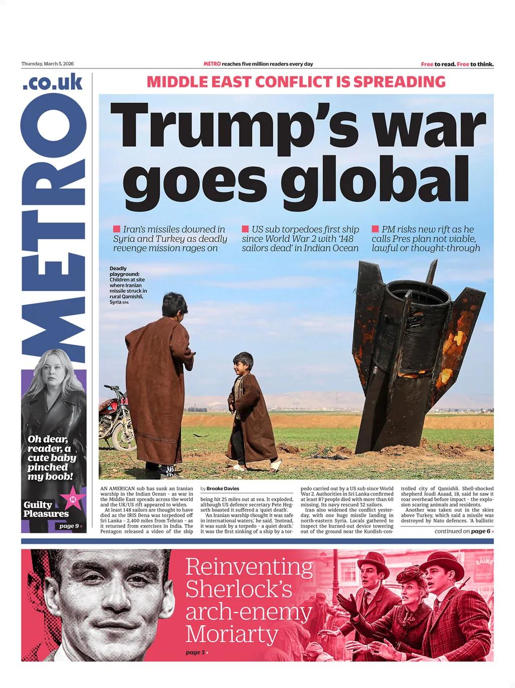 “特朗普的战争走向全球”是《地铁报》头版的头条，报道美国在印度洋击沉了一艘伊朗军