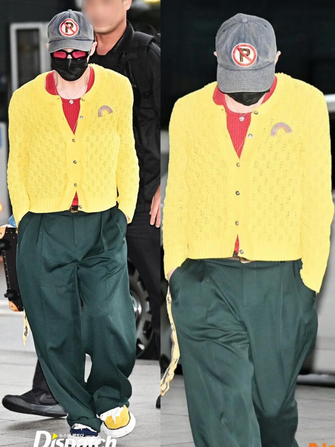 权志龙今日机场私服，黄色醒目！！