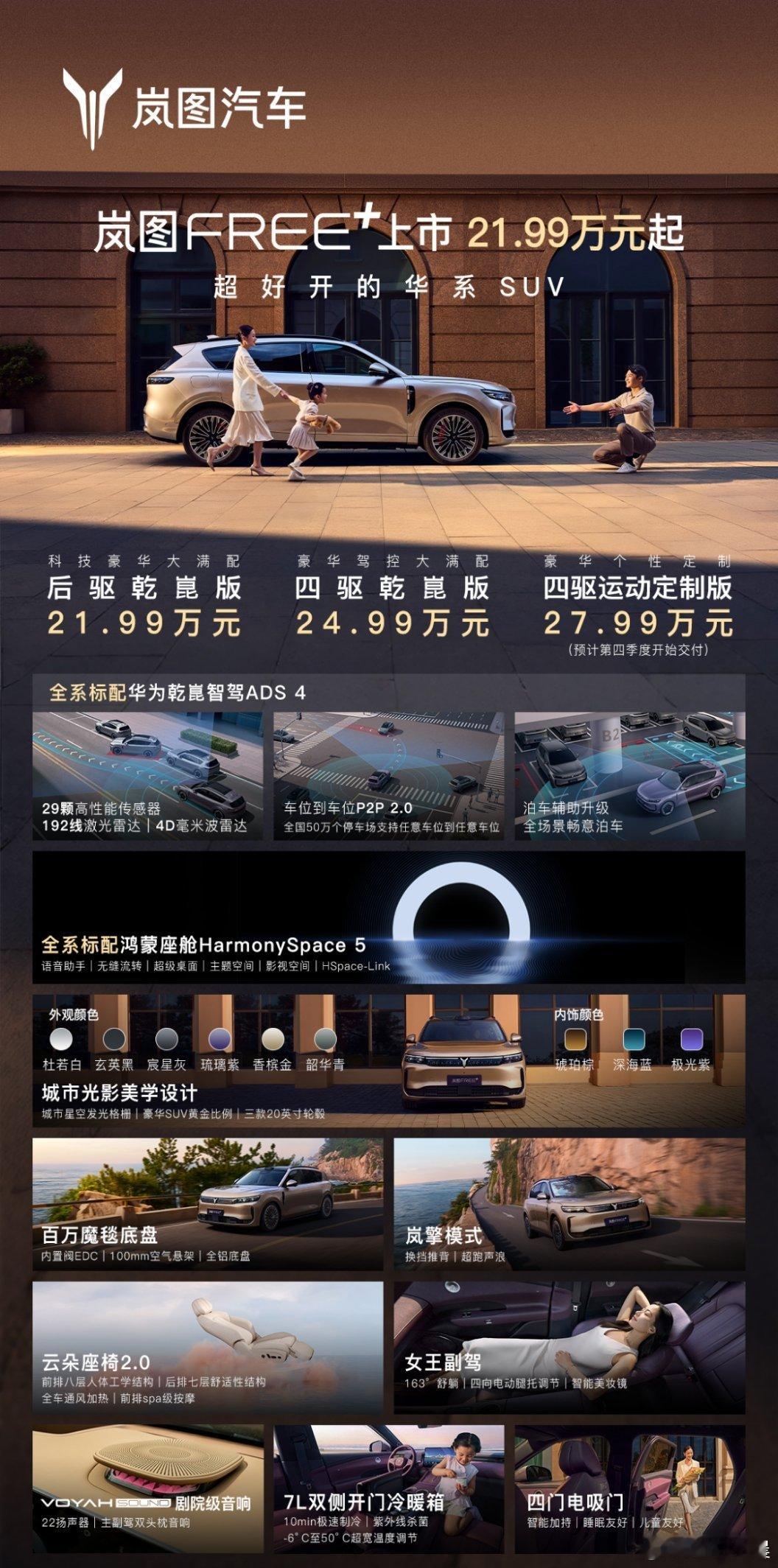 岚图FREE+售价正式公布：两驱乾崑版21.99万；四驱乾崑版24.99万；四驱