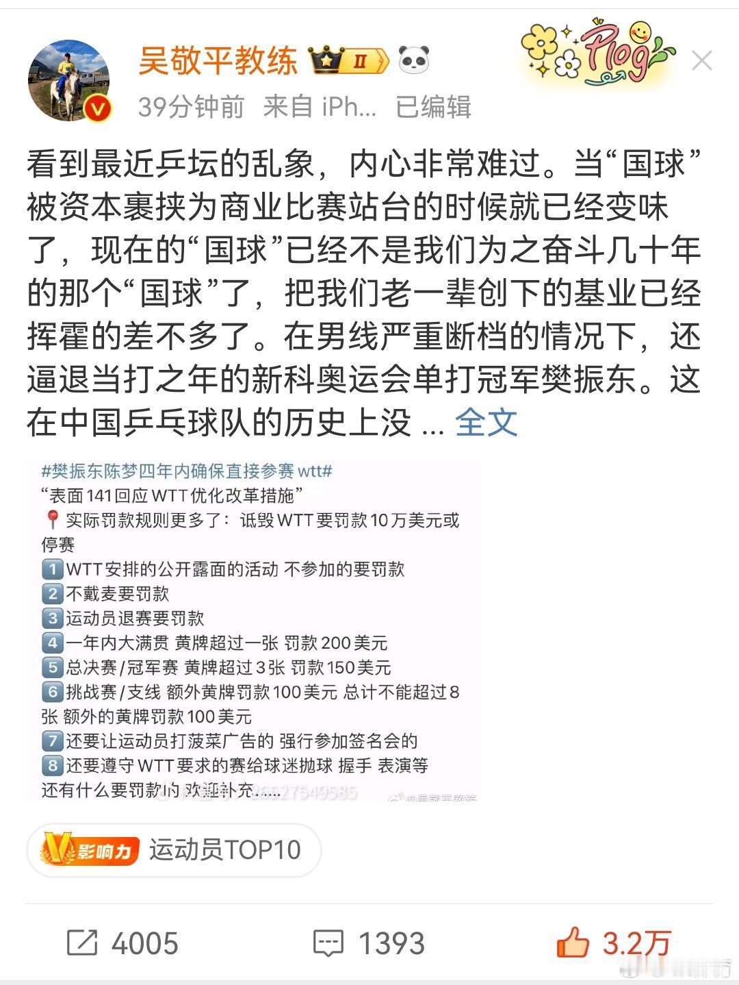 吴敬平说看到乒坛乱象非常难过 吴敬平作为中国乒乓球界的资深教练，对乒坛现状的担忧