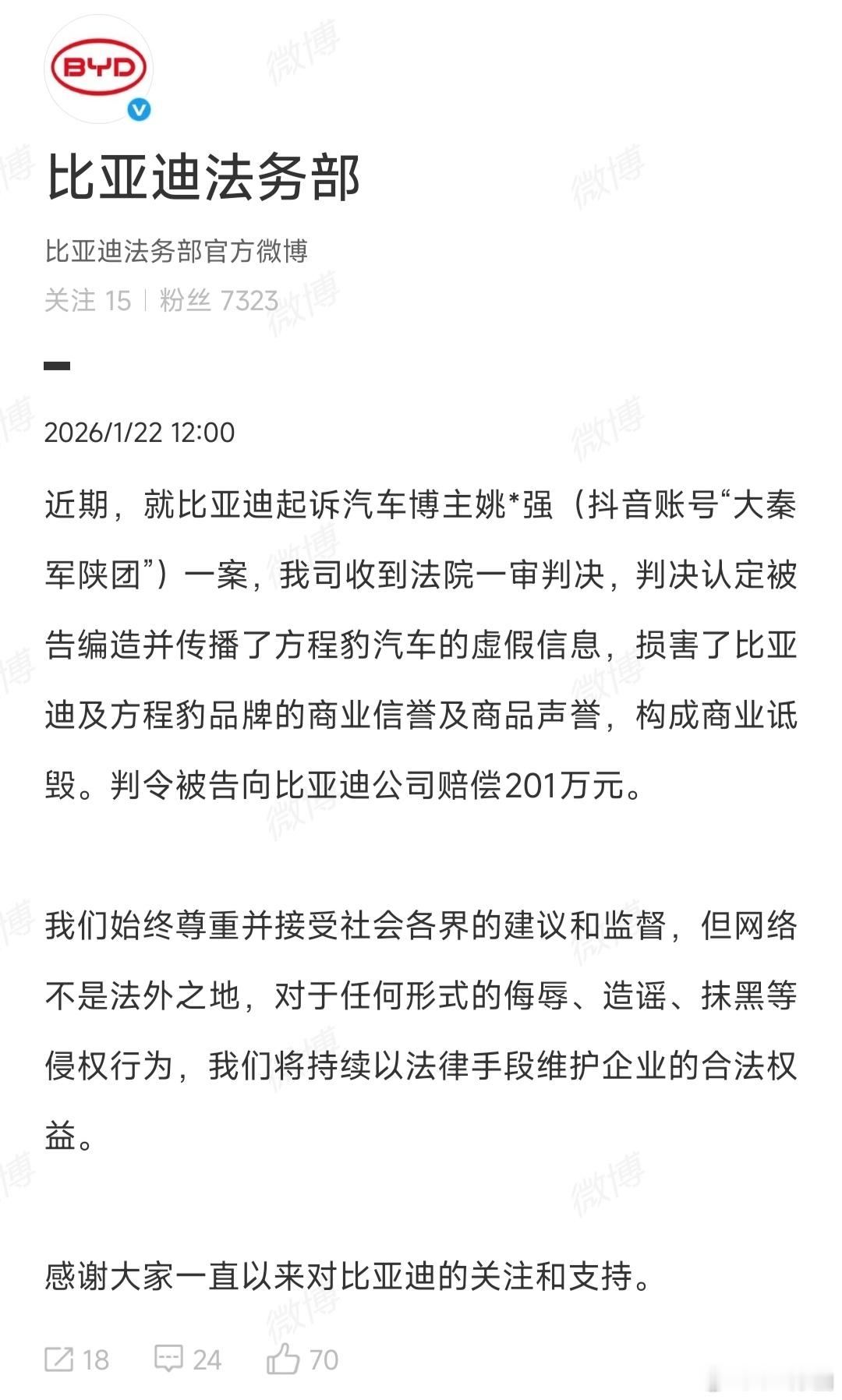 比亚迪法务部这力度！胜诉赔偿都是上百万！ 