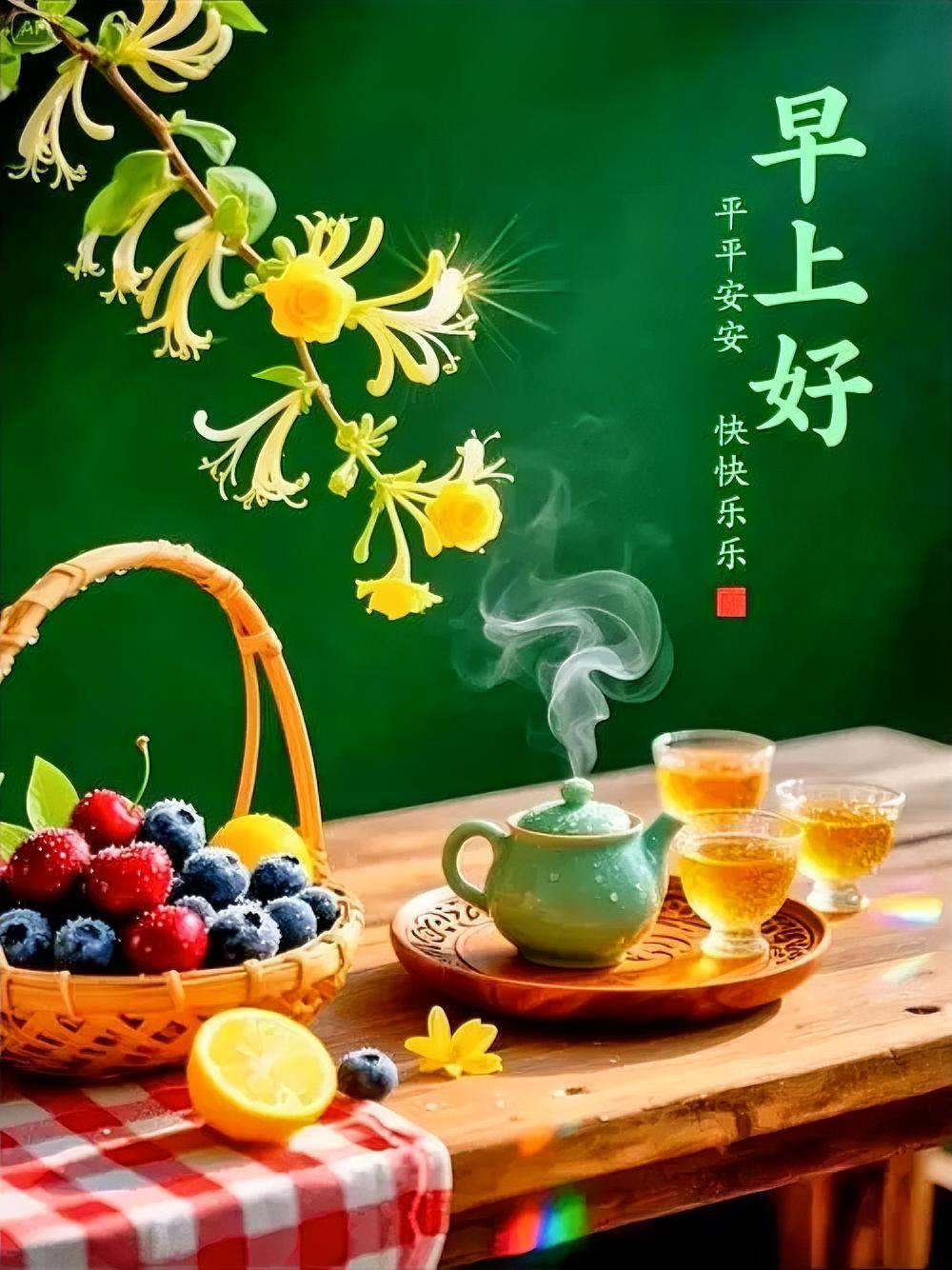 晨光伴茶香，花果置篮旁。愿你平安喜乐，开启元气一天！
早安心情美图分享