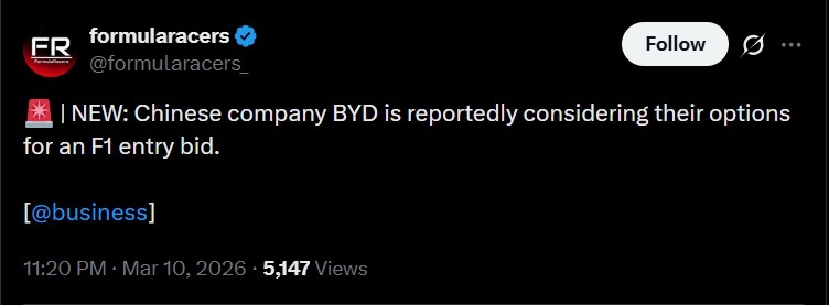 【2026入坑F1刚刚好 比亚迪要加入？】（彭博等外媒报道）：据知情人士透露，比