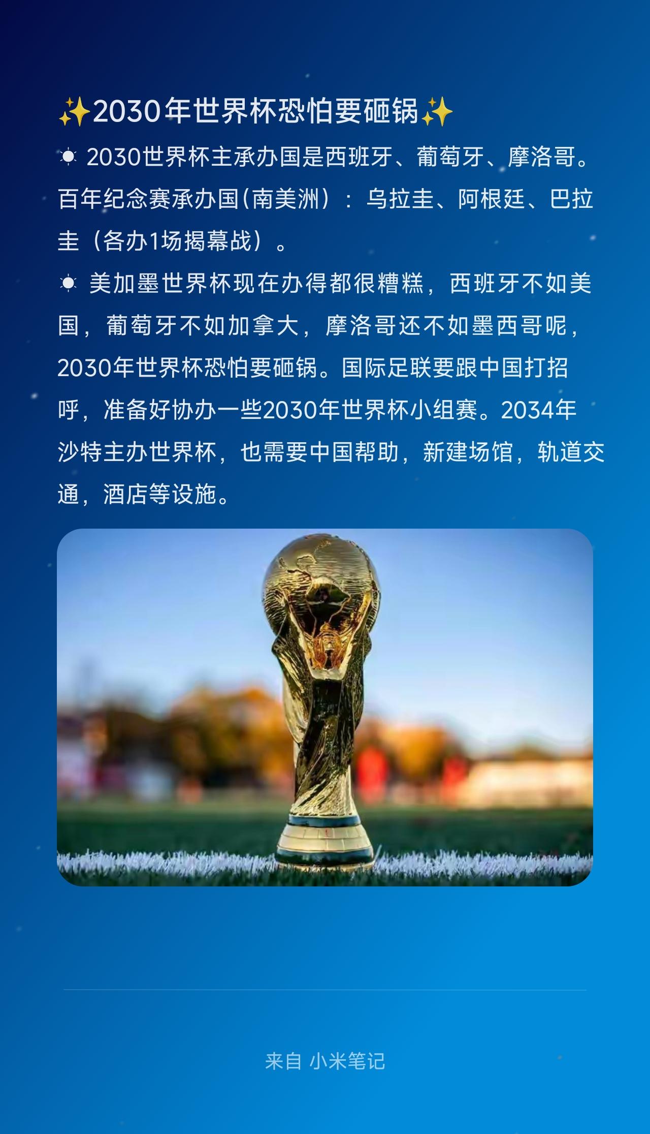 ☀︎ 2030世界杯主承办国是西班牙、葡萄牙、摩洛哥。百年纪念赛承办国（南美洲）