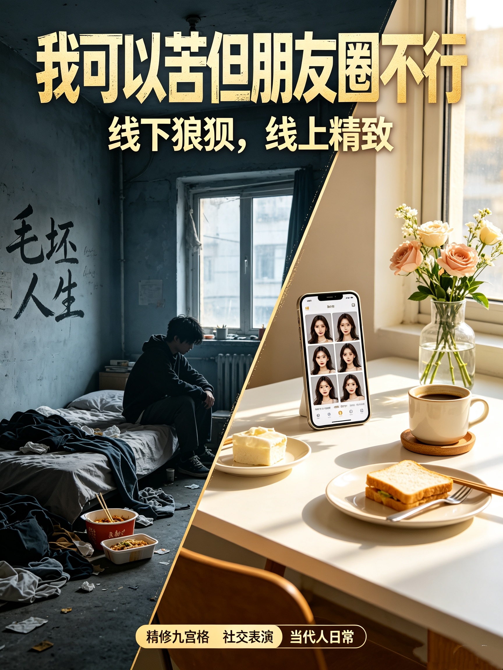 我可以苦但朋友圈不行“我可以苦但朋友圈不行”成为今年爆火的社交自嘲梗，精准道出当