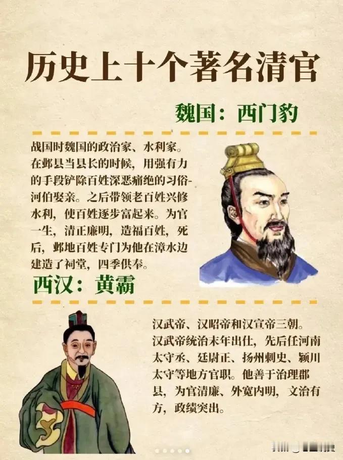 历史上十个著名的清官。你知道都有谁吗？



1.魏国：西门豹
2.西汉：黄霸