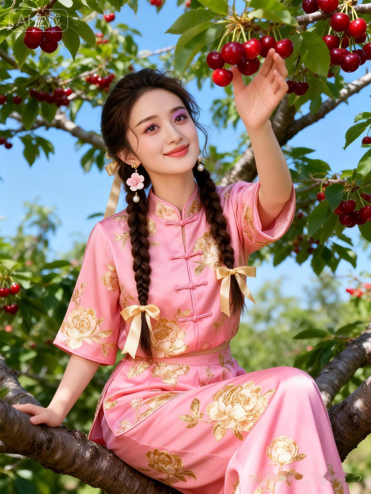 樱桃树下的少女，粉裙飘逸，笑靥如花。