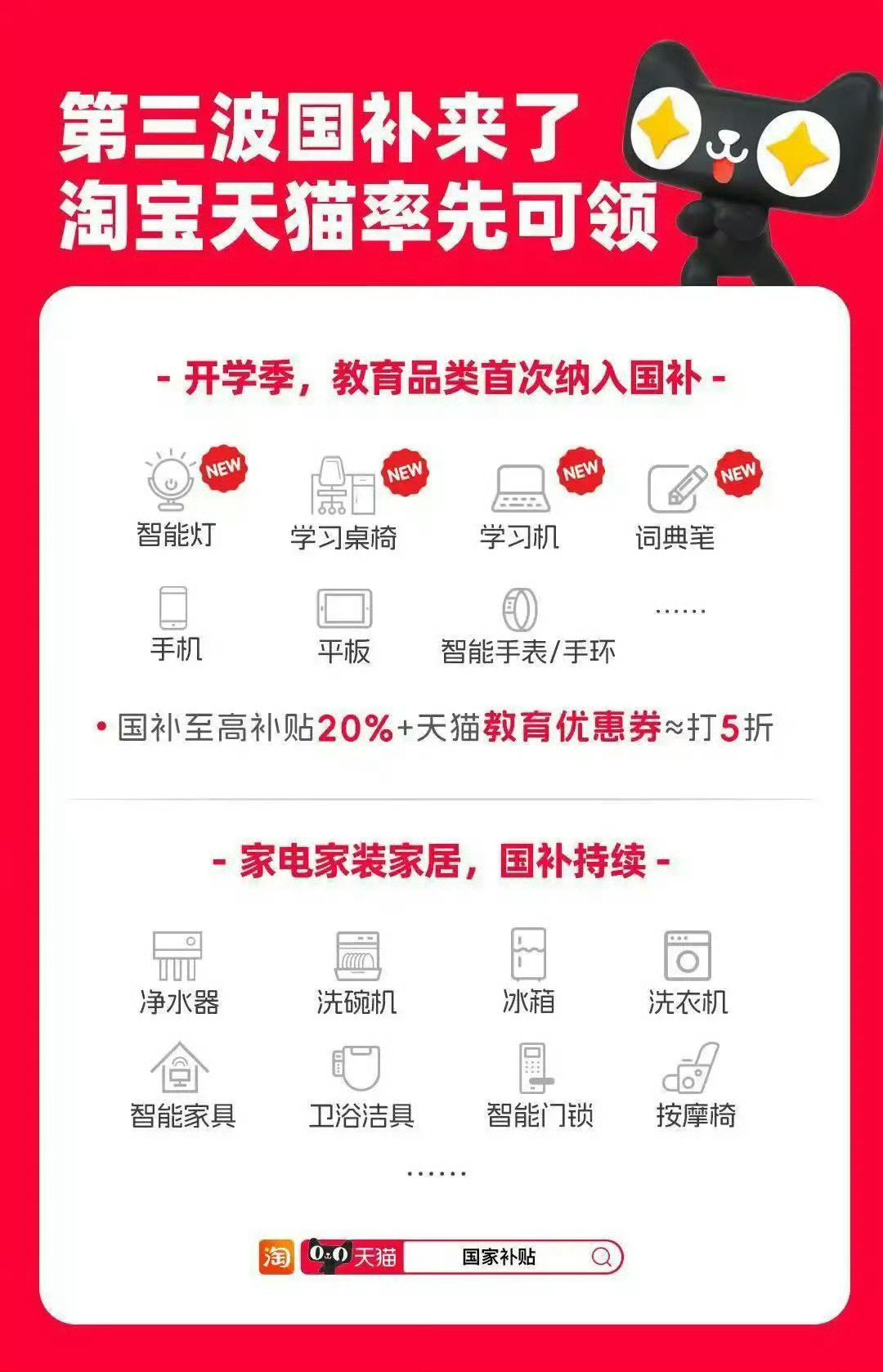第三批国补来了智能灯、学习桌椅、学习机、词典笔等教育品类首次纳入补贴范围。所以我