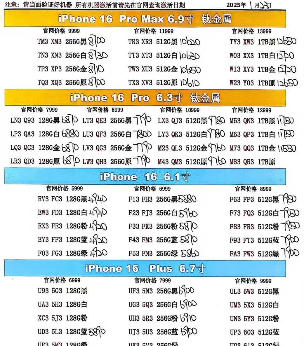 1月23日国行苹果手机系列价格更新，今天的16系列居然大多数小跌了一点，15系列