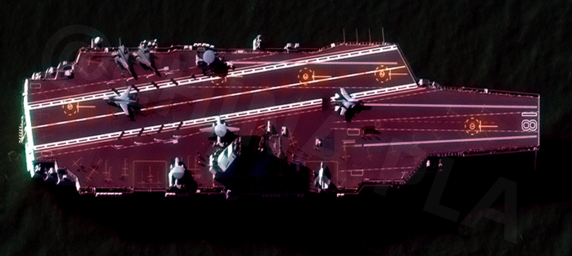 福建舰最高分辨率的卫星图像，甲板上3架KJ-600+3架J-35+2架J-15T