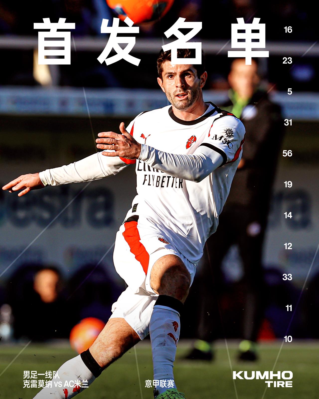 这是我们客场对阵克雷莫纳的首发阵容📋