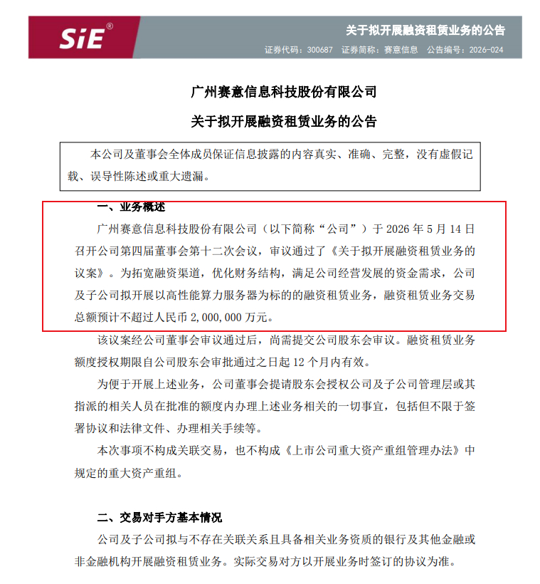 【赛意信息：拟不超200亿元开展算力服务器融资租赁业务】赛意信息公告称，公司董事