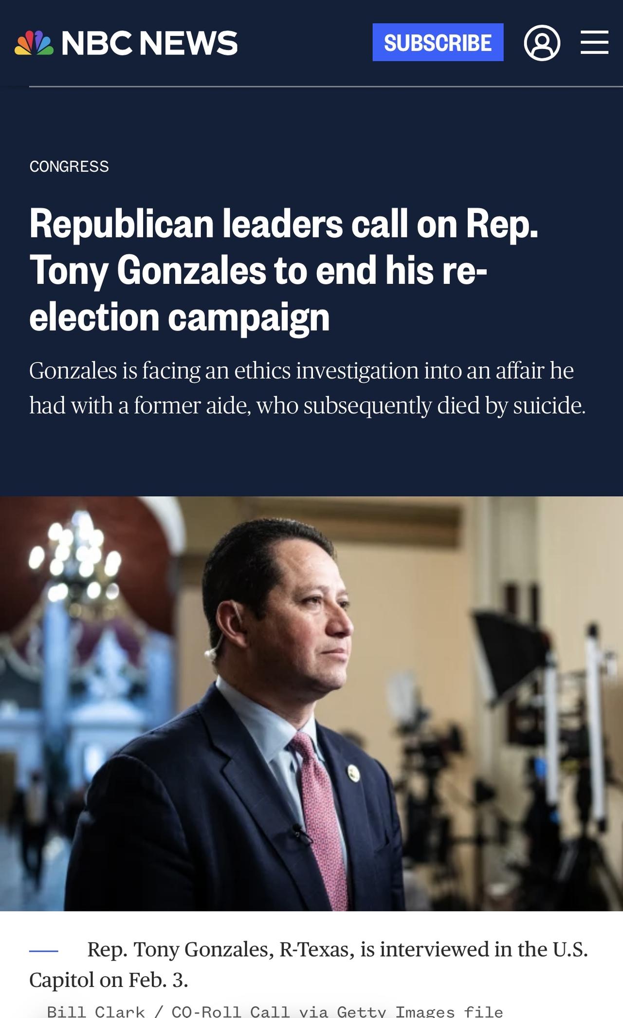 美国众议院共和党领导层呼吁德克萨斯州共和党众议员托尼·冈萨雷斯在承认与一名工作人