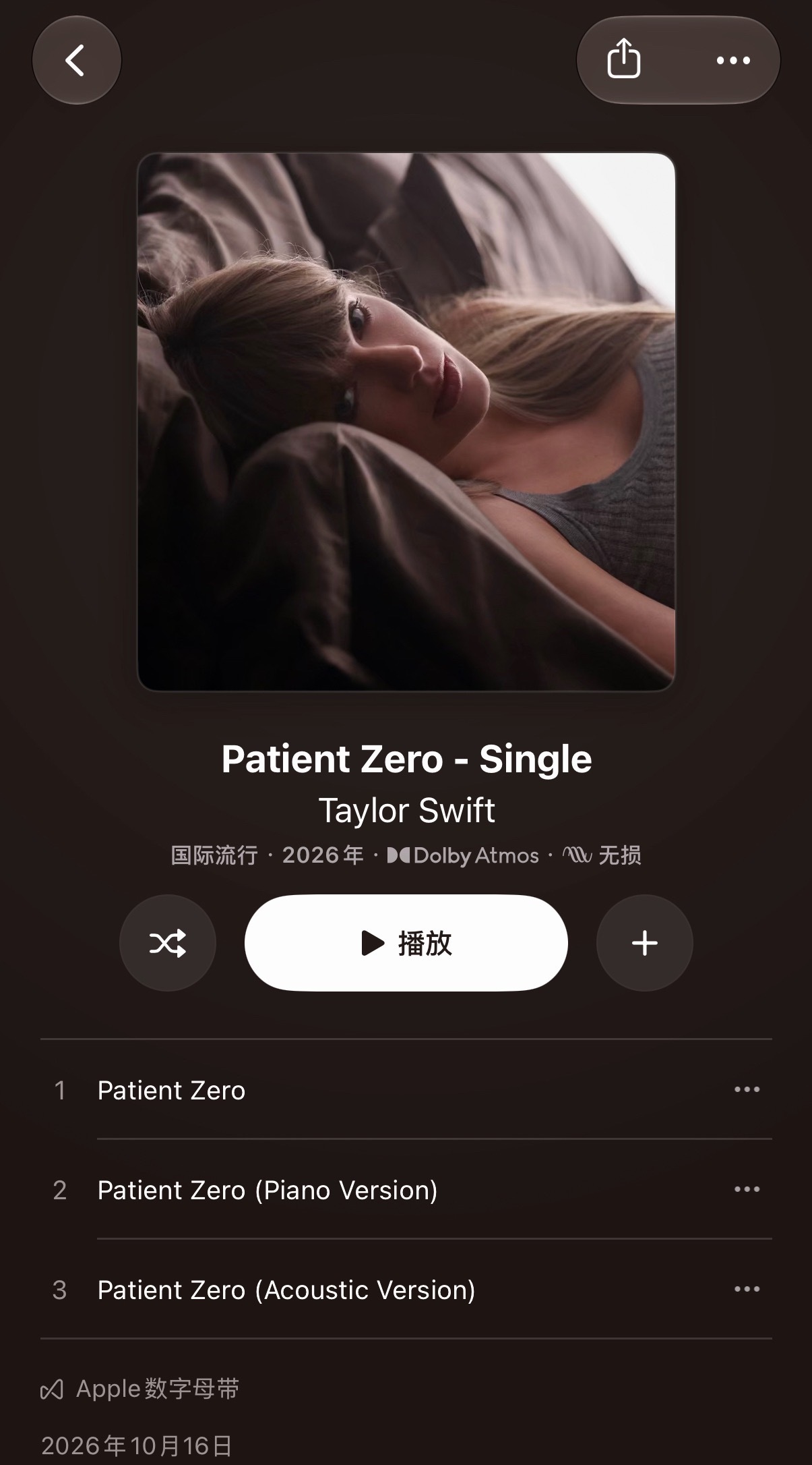 【News】Patient Zero 不插电与钢琴版上架流媒体TaylorSwi