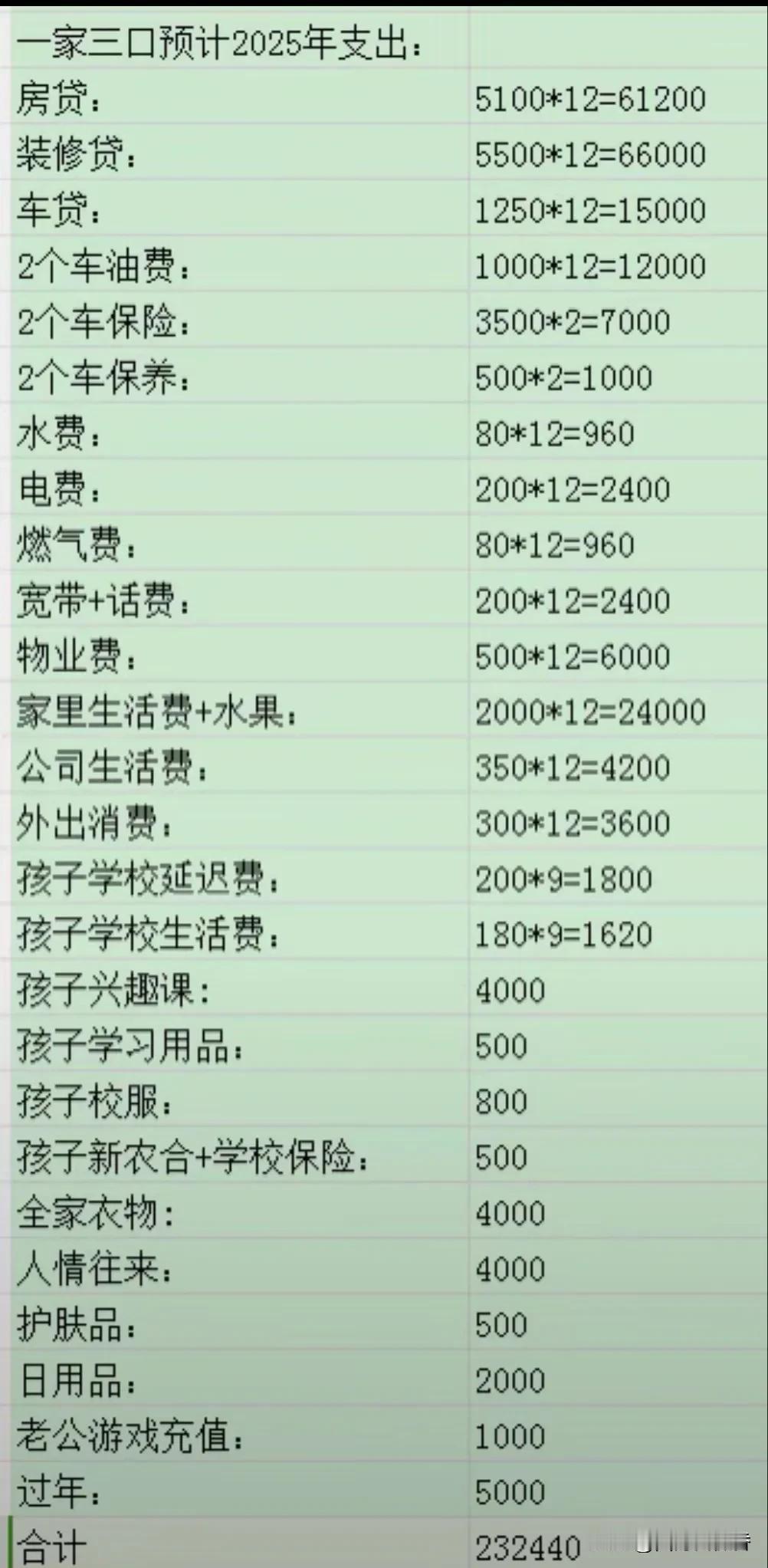 一家三口2025年预计支出，借各位慧眼看一看，哪一项可以节省点？
对了，还忘了两
