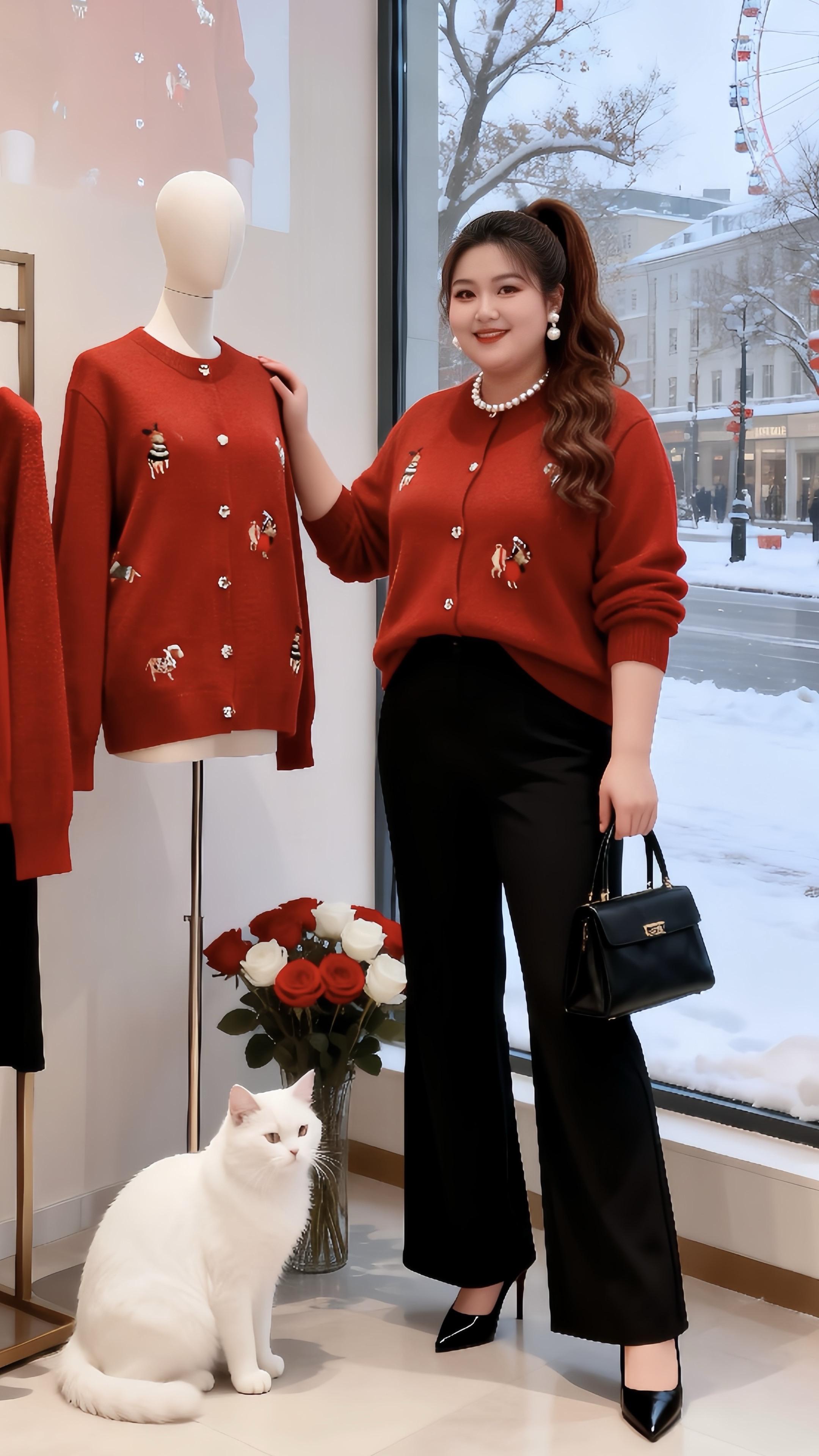 大码穿搭 针织毛衣胖妹妹红色系新年穿搭来咯冬日穿搭一周不重样脱下外套也...