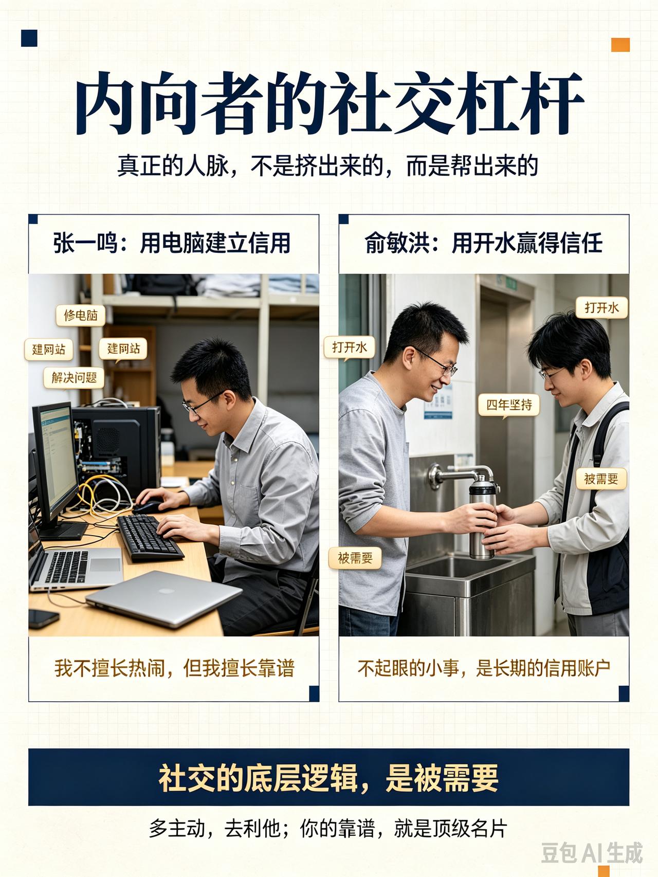给大家讲两个大佬的真实经历：
字节跳动创始人张一鸣，大学时是个不爱参加集体活动的