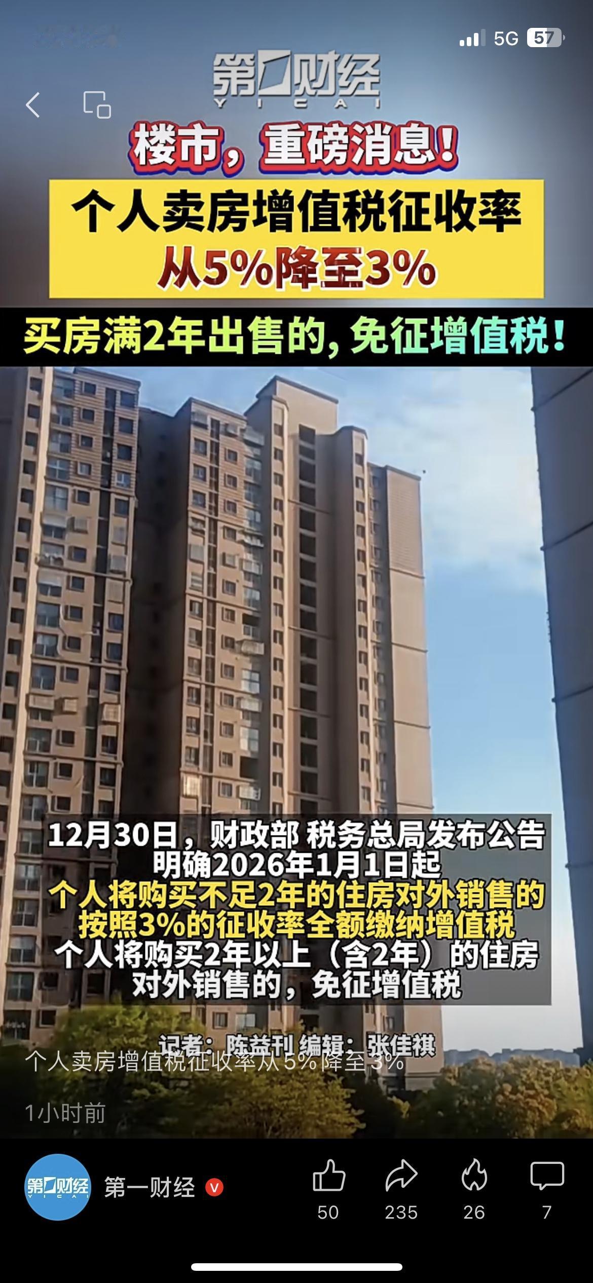 买房增值税大降，满2年直接免征 房产热点

刚跟中介聊完，我家那套没满2年的房子