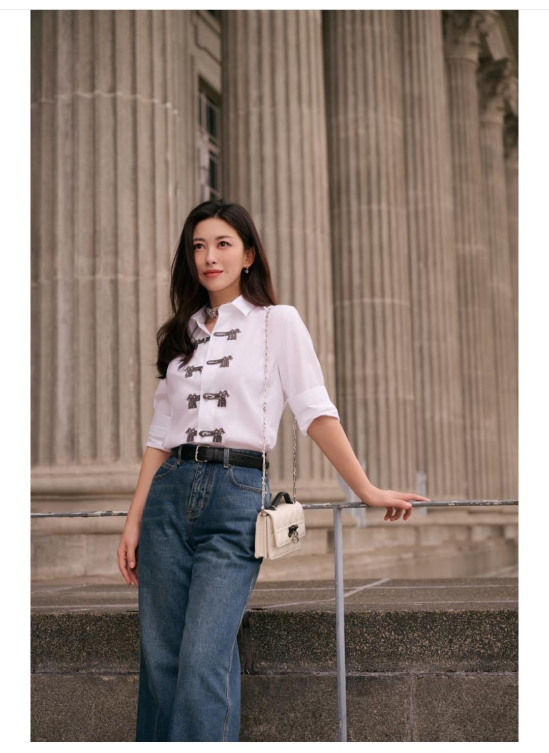 朱珠，白衬衣太好看了，真好奇从哪里买的这么特别。