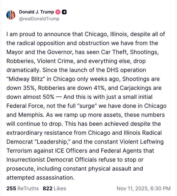 美国总统特朗普——芝加哥的法治秩序正在回归！