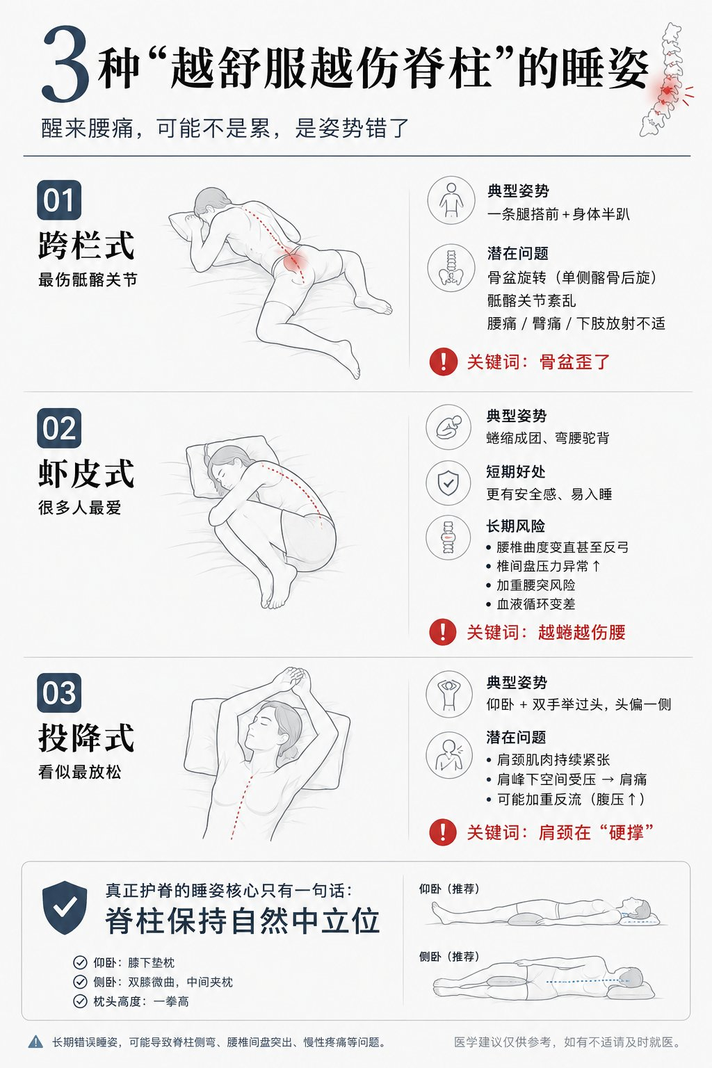 日常“越舒服越伤脊柱”的3种睡姿 