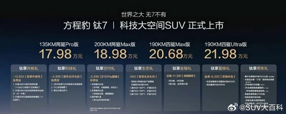 方程豹钛7 正式上市，全系四款配置，售价17.98-21.98万元作为大五座混动