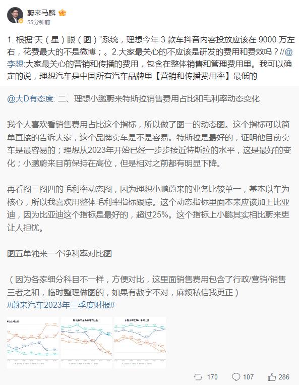 李想自曝，理想是中国所有汽车品牌中营销和传播费用率最低的，但蔚来品牌与传播助理副
