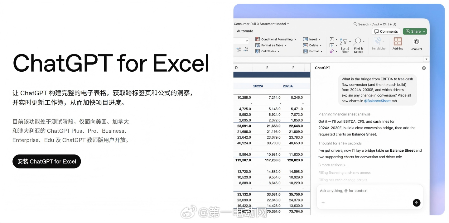 openAI推出了ChatGPTforExcel测试版，将AI助手以插件形式嵌入