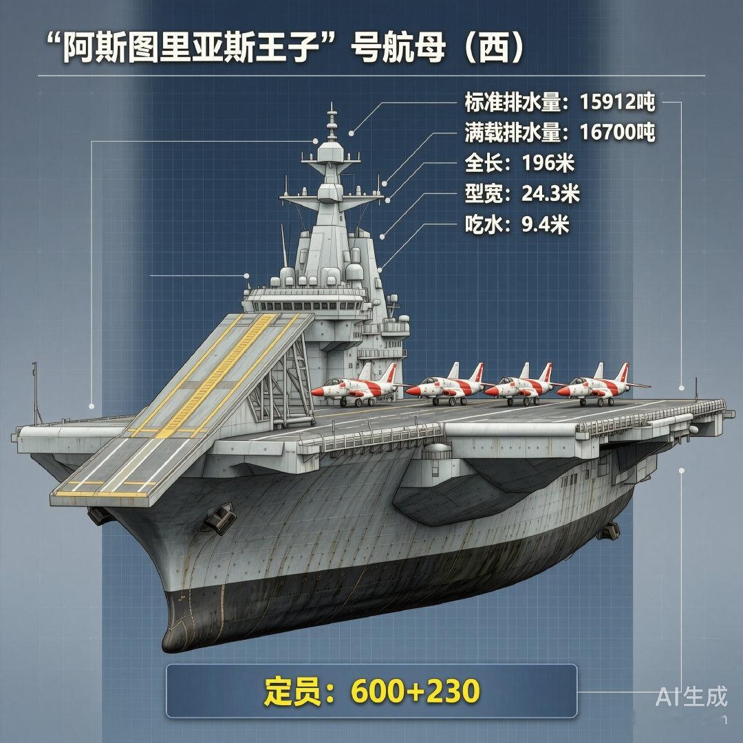 军事ai新视野“阿斯图里亚斯王子”号航母［西］标准排水量：15912吨满载排水量
