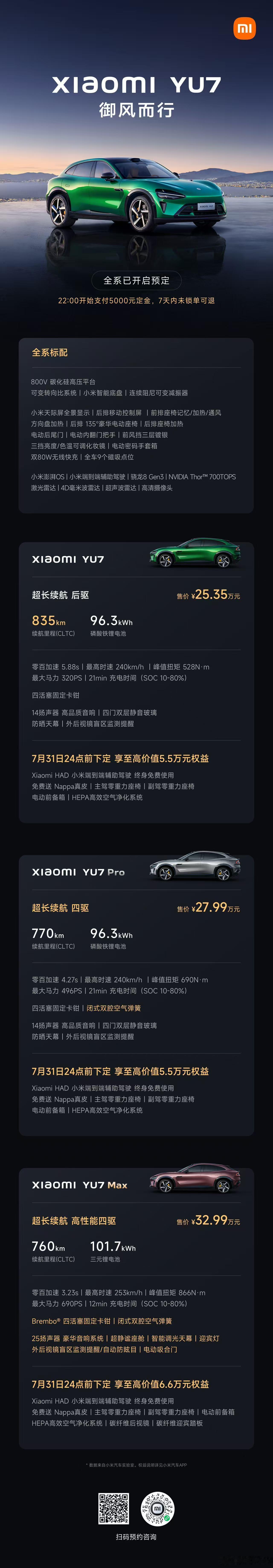 小米YU7价格小米YU7 售价来了：标准版 25.35 万元，Pro 版 27.