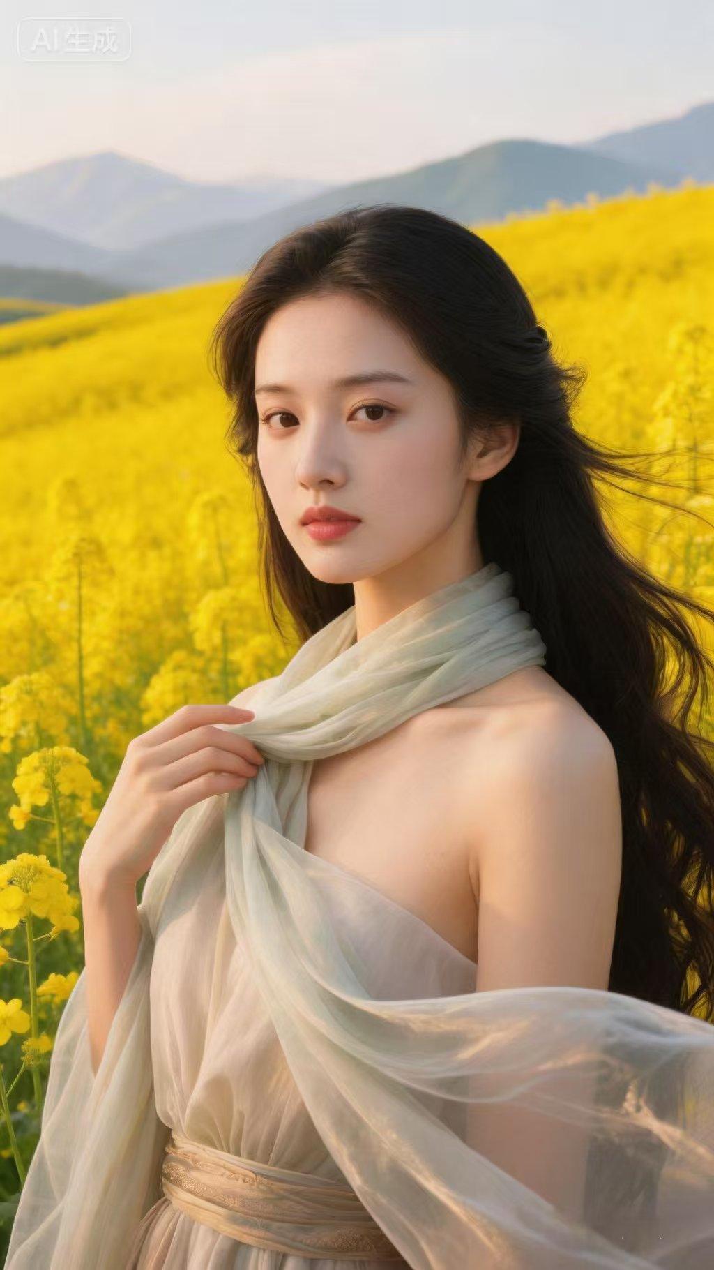 钗头凤·油菜花开
金波涌，香风送，白衫轻立花潮中。
眉如柳，眸含秀，一笑嫣然，蝶