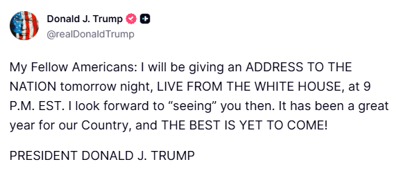 🐖 特朗普宣布将于美国东部时间12月17日21:00在白宫向全国发表讲话。玻利