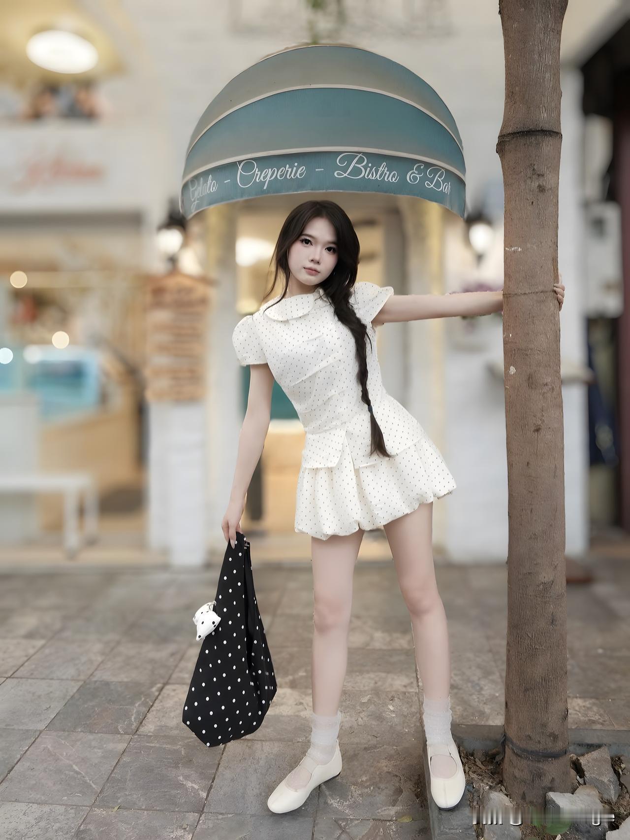 甜美少女风，白色波点连衣裙，手提包，微笑自拍