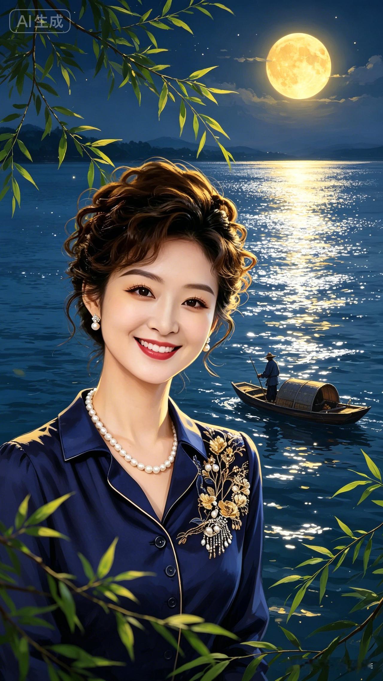月夜江南江面银波泛金，扁舟渔人，青枝入镜，光影层次浓烈。将温婉女子自然融入江畔夜