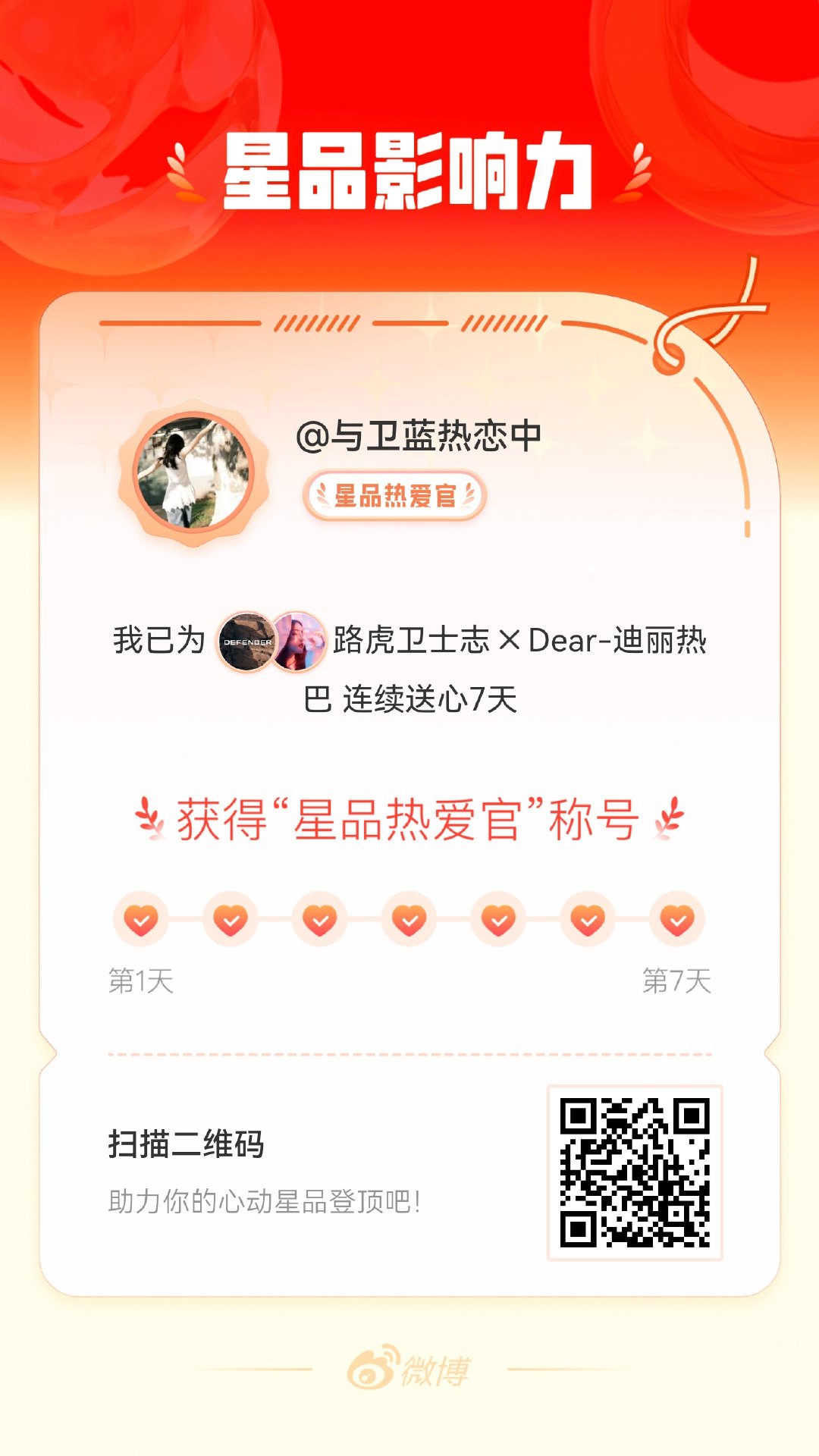 我在星品影响力 上为 X 连续送心7天，获得“星品热爱官”称号！快来一起pick