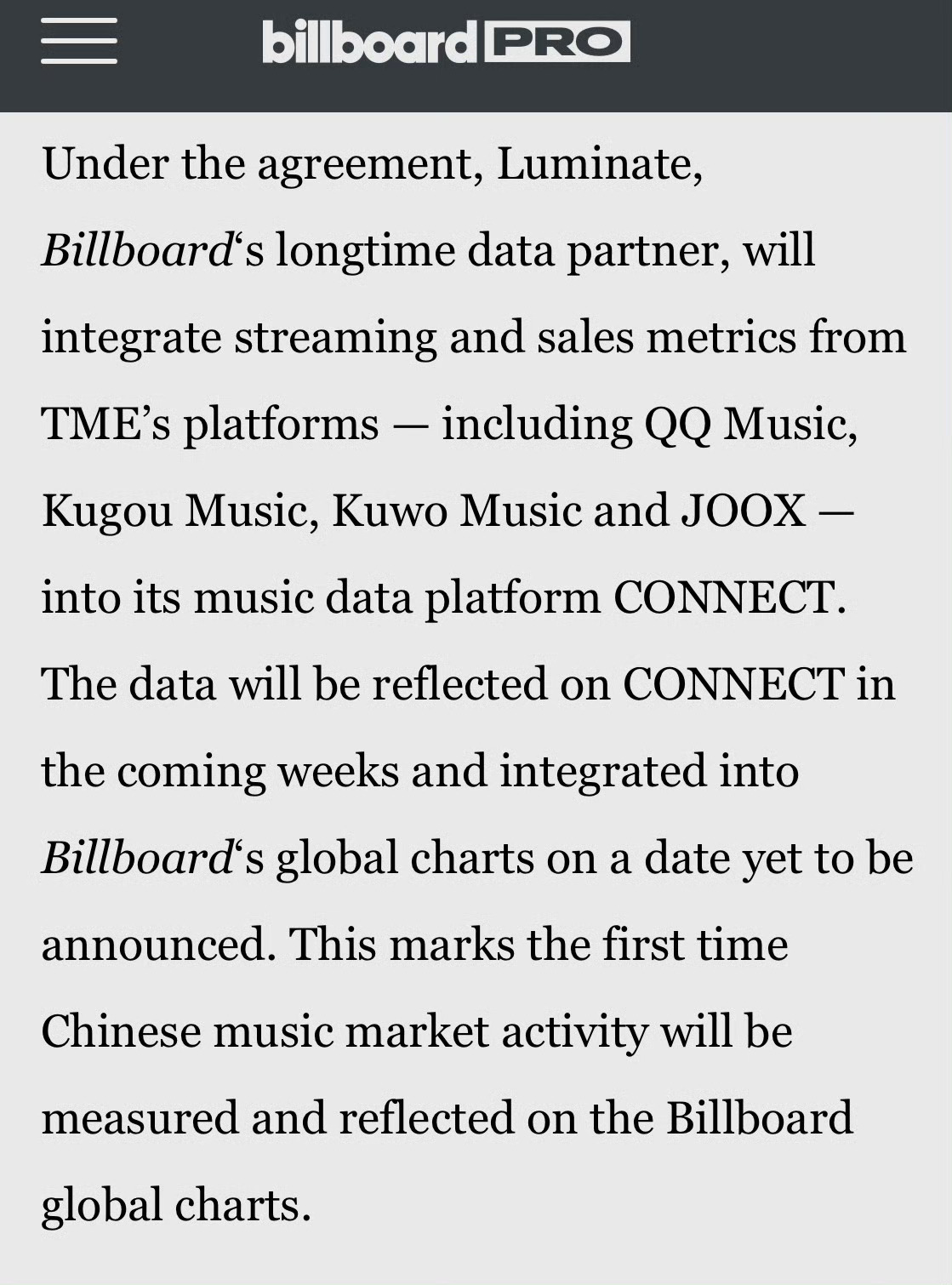 Luminate（billboard数据来源）宣布未来将会把中国的QQ音乐、酷狗