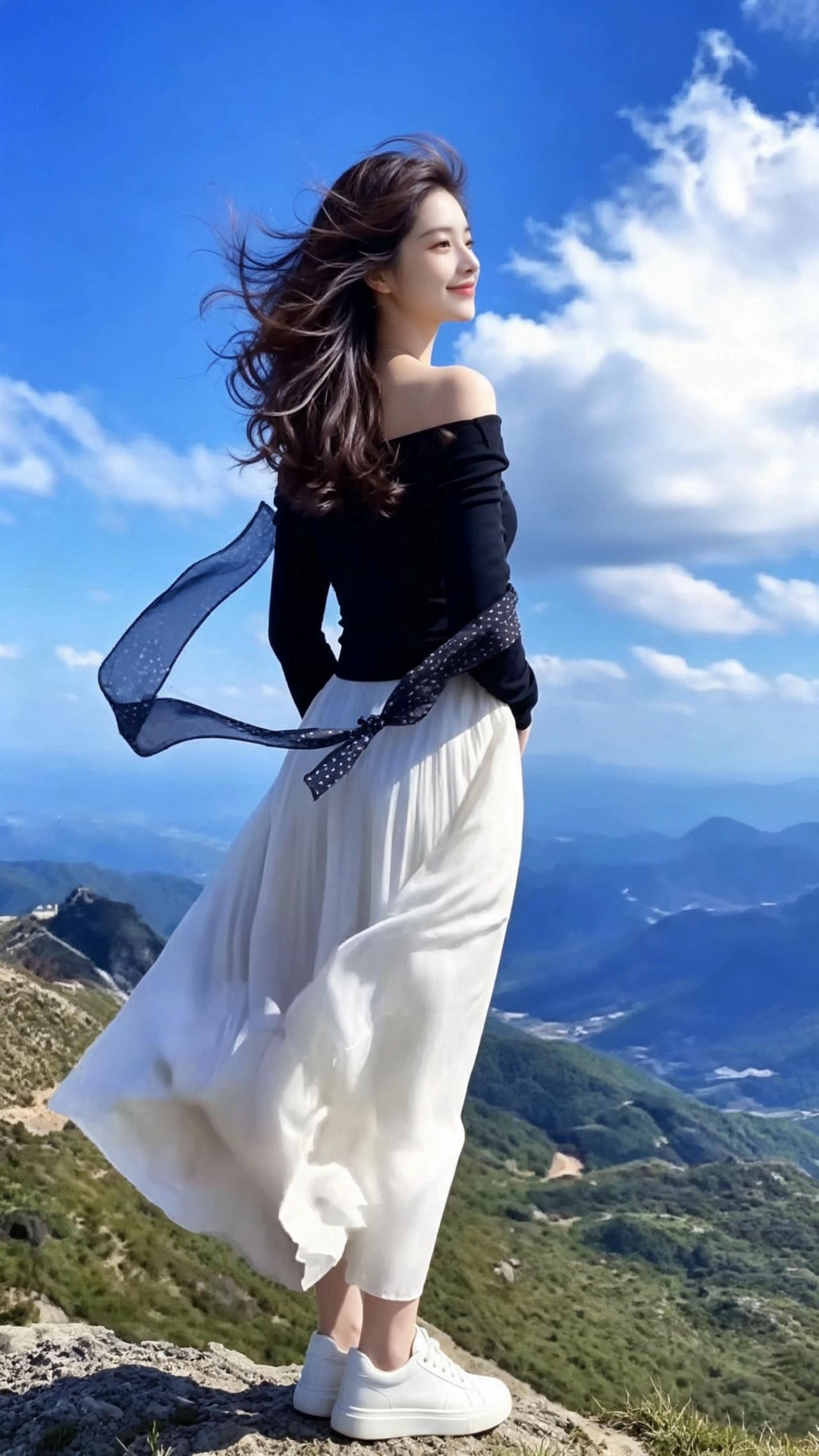 山巅临风
碧空云涌叠青峰，
轻袂携烟舞远空。
侧转明眸凝浩渺，
一襟晴色沐峦雄。