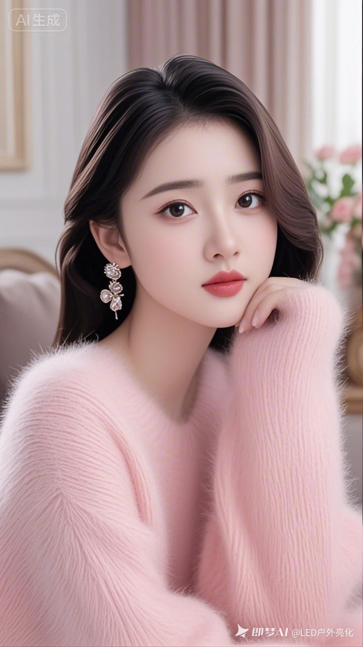 唯美清新客厅里，少女托腮静坐，鹅蛋脸桃花眼含情，水汪汪大眼灵动撩人。黑长直发顺滑